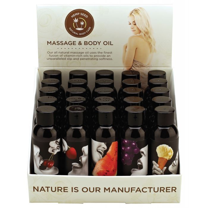 Earthly Body Edible Massage & Body Oil - 2 oz Chery, Vanlla, Strwbery, Wtermlon, Grpe Display of 25