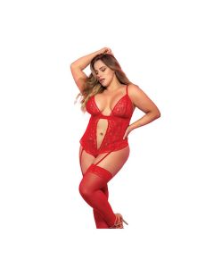 Lace & Mesh Teddy w/Hook & Eye Crotch Closure w/Attached Garter Straps Red 2X/3X