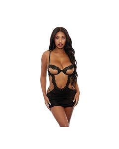 Open Cut Underwire Lace & Mesh Chemise w/G-String Black